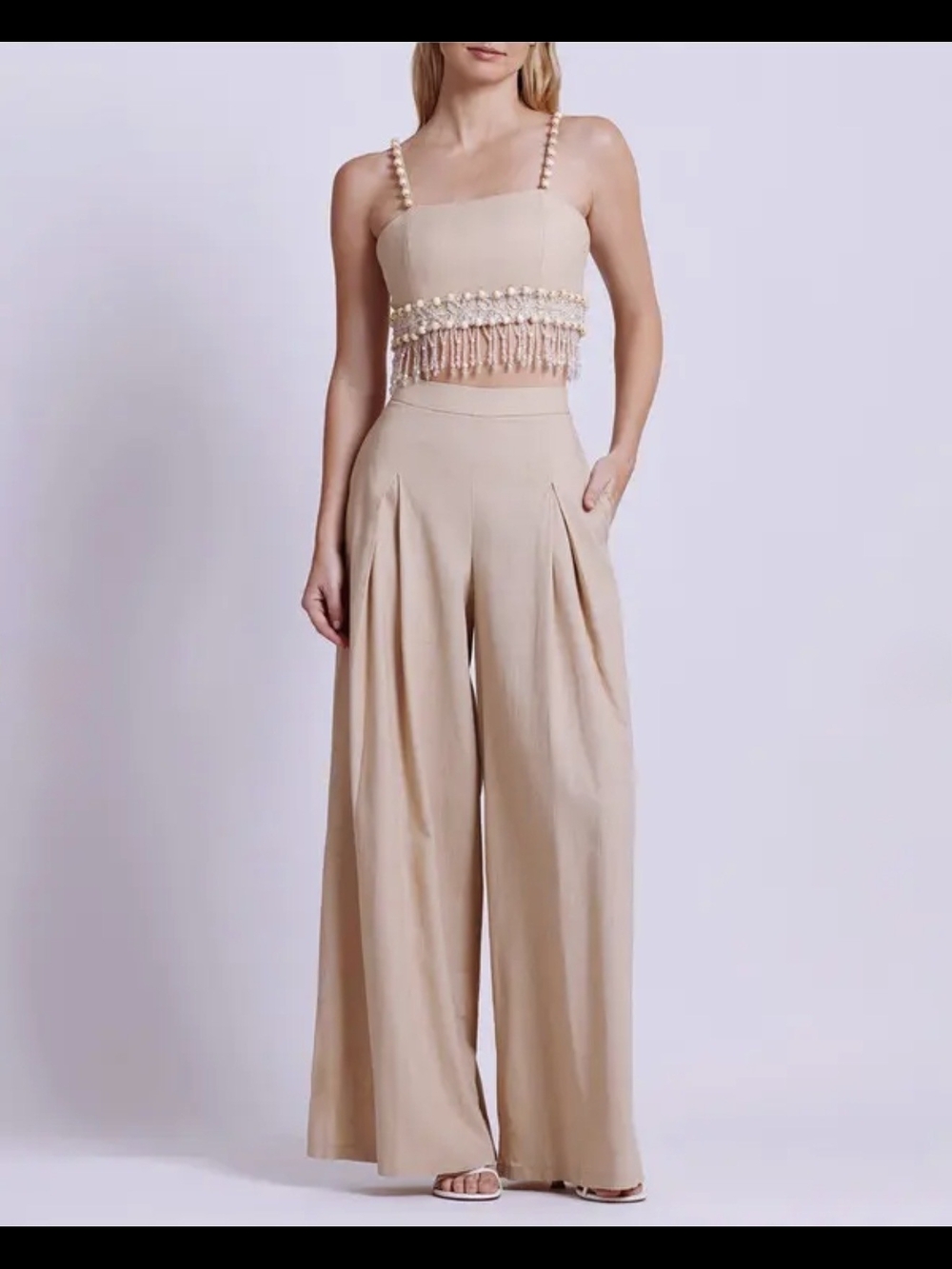 PatBO Neutral Beige High-Waist Wide-Leg Trousers